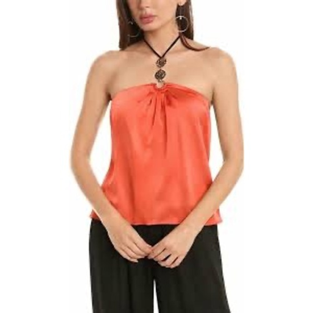 Ramy Brook Carmen Silk Halter Top Guava Pink Gold Hardware XXS New A05231012